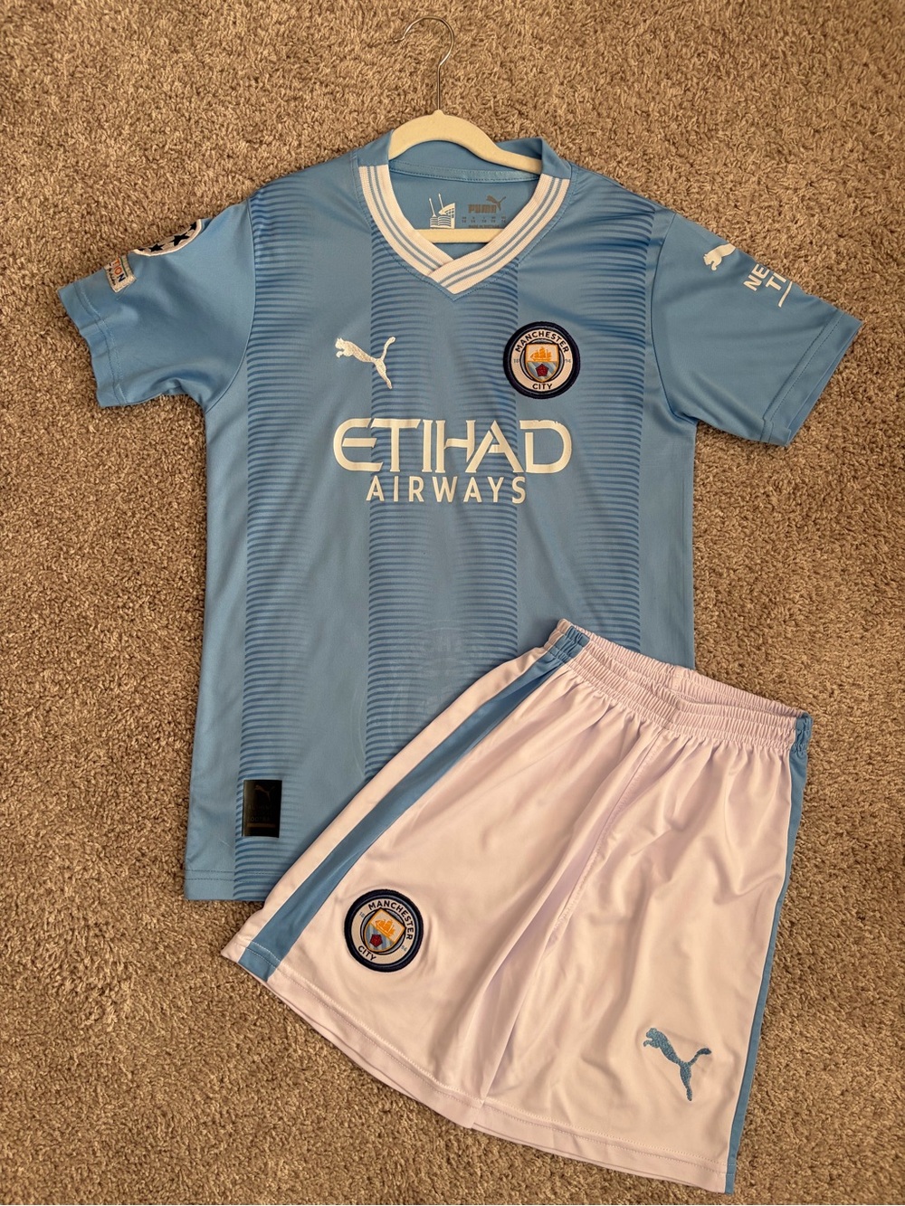 Youth 14 Soccer Puma Manchester City Home Jersey & Shorts - Sky Blue/White